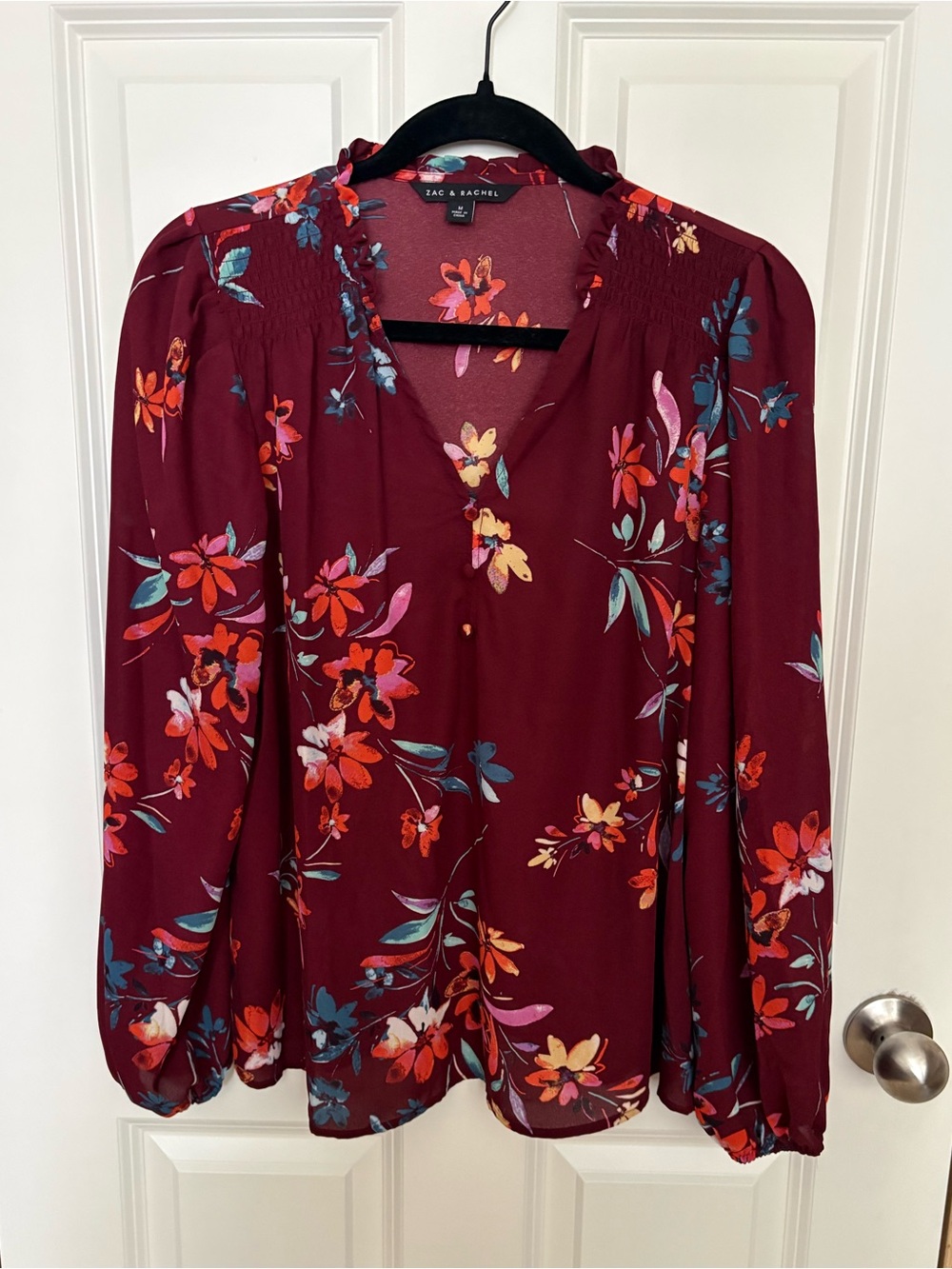 Zac & Rachel Burgundy Floral V-Neck Long Sleeve Blouse